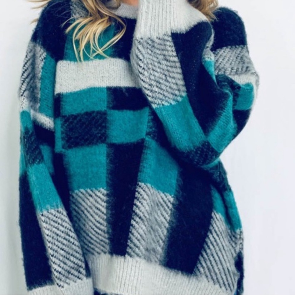 Fuzzy Tartan Plaid Side Slit Oversized Sweater Top